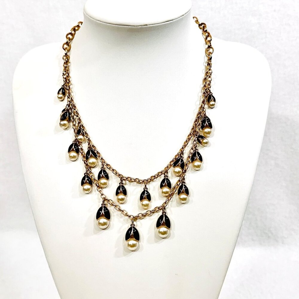Talbots Gold Tone Necklace With Black Enamel Tulip Leaves & Faux Pearls - NWT